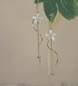 s925纯银针猫眼石花朵耳线女耳环高级感长款 流苏耳饰气质耳坠高档