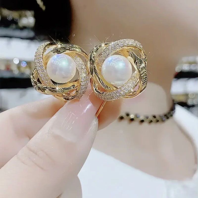 微镶钻缠绕锆石珠珠金色耳钉耳环高级感气质百搭轻奢洋气耳饰女