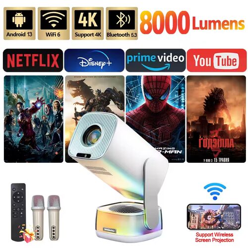 K6 Projector with Microphone Android Projector 4K HD AutoFocus Projector RBG Light Theater Beame