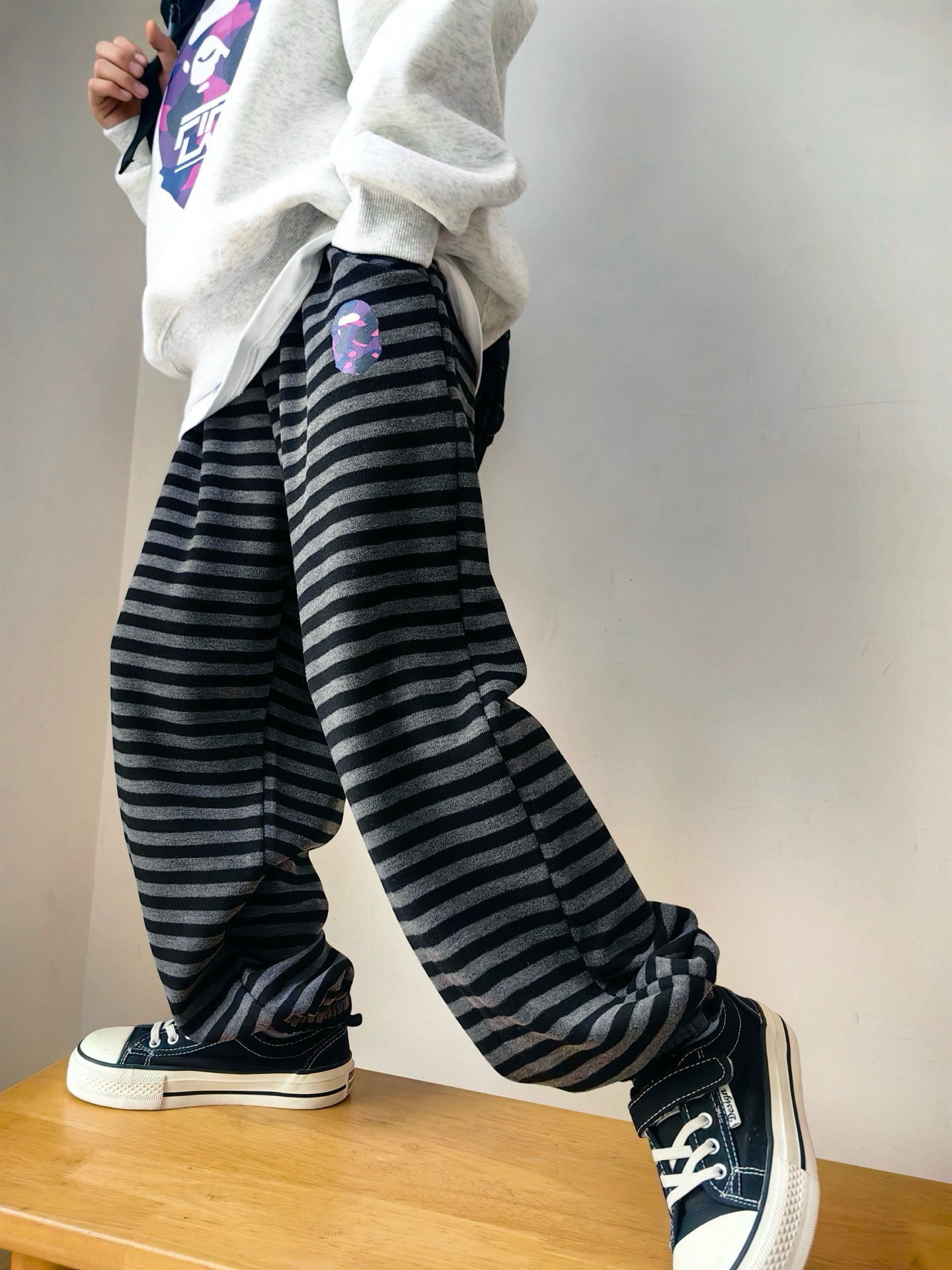 25冬儿童糯糯裤一体加绒加厚保暖运动裤男童女童百搭宽松条纹裤潮