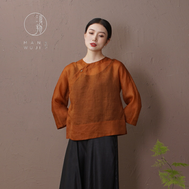 漫物记 香云纱上衣圆领七分喇叭短袖斜襟红莨绸真桑蚕丝女装夏季