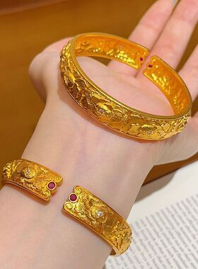 金店同款镀金点钻錾刻牡丹花手镯拉丝花朵开口镯子国风送女友礼物