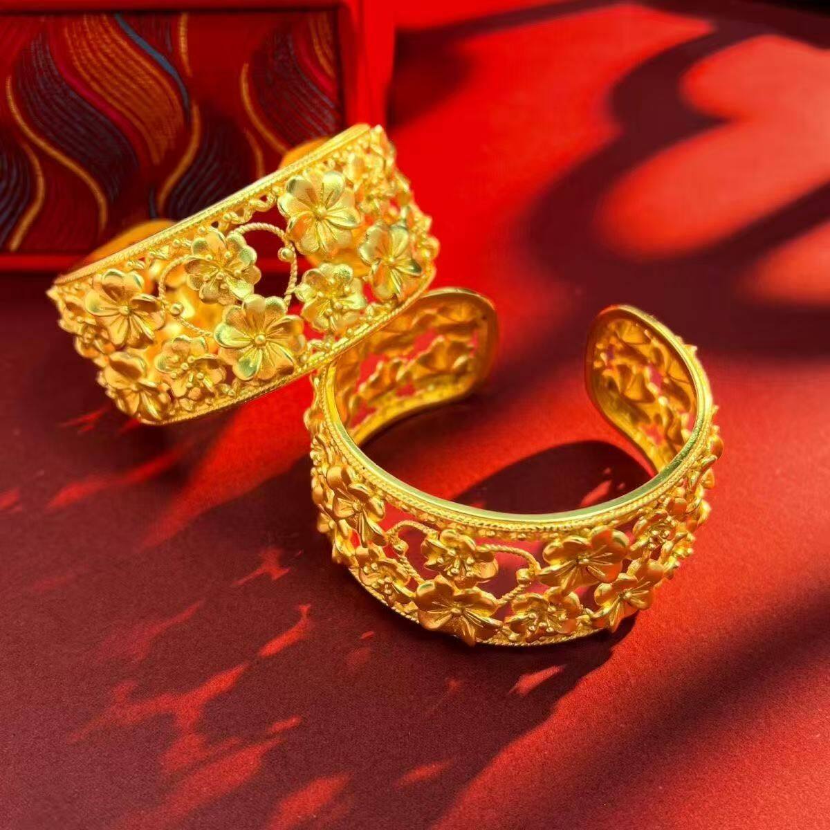新款繁花似锦镀金色镂空花丝开口手镯结婚仿真三金拍照装饰品