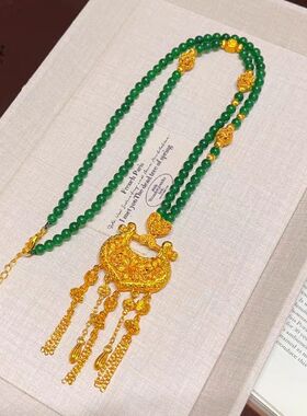 铜镀金锁愿璎珞百合花流苏锁包绿玉髓圆珠设计款项链送女友