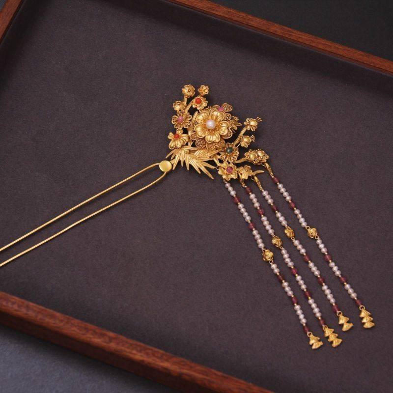 十二花神梅花簪铜镀金发簪步摇宫廷首饰汉服纯铜发簪复古首饰流苏