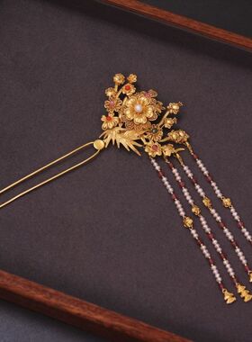 十二花神梅花簪铜镀金发簪步摇宫廷首饰汉服纯铜发簪复古首饰流苏