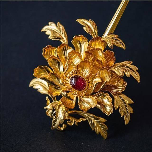新娘饰品艳冠群芳镀金复原金镶碧玺牡丹花发簪禁步发饰饰品款式