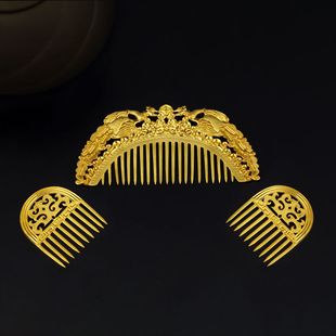 纯铜镀金 唐风錾刻仕女图 凤凰发梳 敦煌供养人发饰头饰插梳