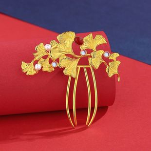 三生有幸 黄铜镀金发簪女古风镶珍珠南红月光石发钗发梳