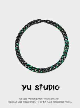 YU原创设计嘻哈钛钢烤漆墨绿色镶钻古巴项链男女潮情侣轻奢配饰