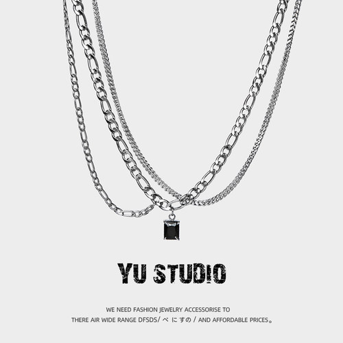 YUSTUDIO黑宝石钛钢多层情侣项链