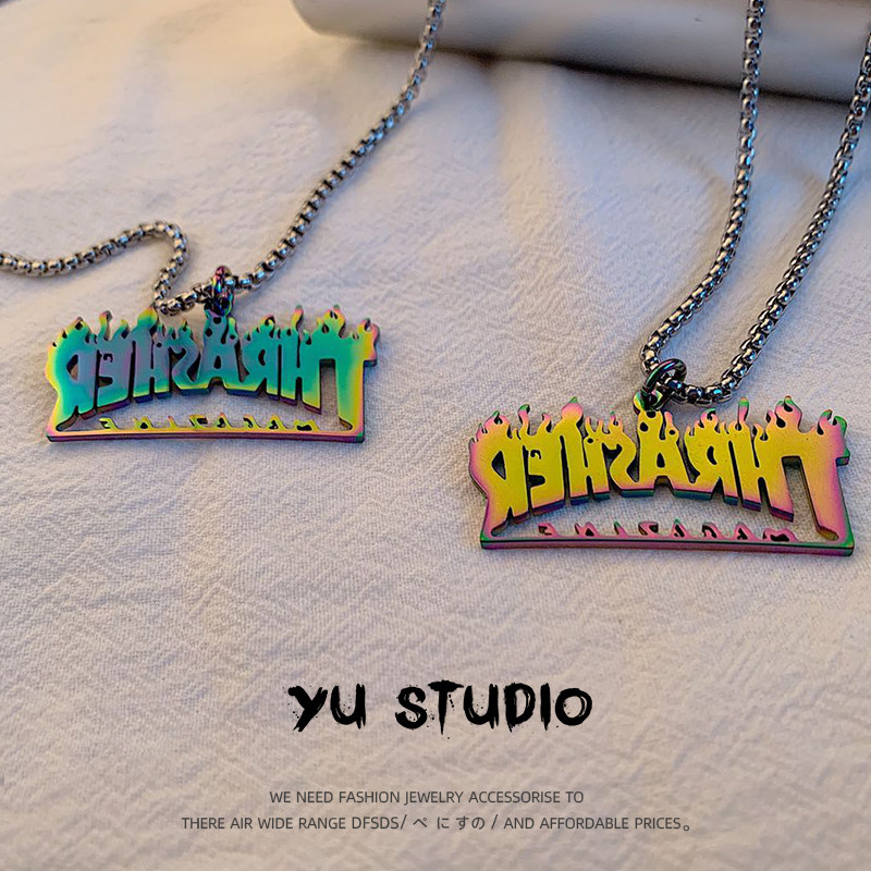 欧美嘻哈淬火火焰字母项链男女潮个性时尚钛钢不掉色毛衣链配饰品