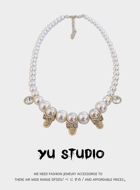 YU原创设计欧美嘻哈evae珍珠镶钻骷髅项链女男潮小众个性颈链配饰