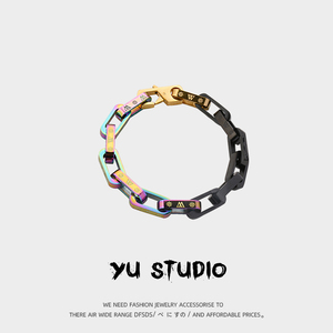 欧美嘻哈ins炫彩淬火手链男女潮钛钢个性七彩拼色方形锁情侣首饰