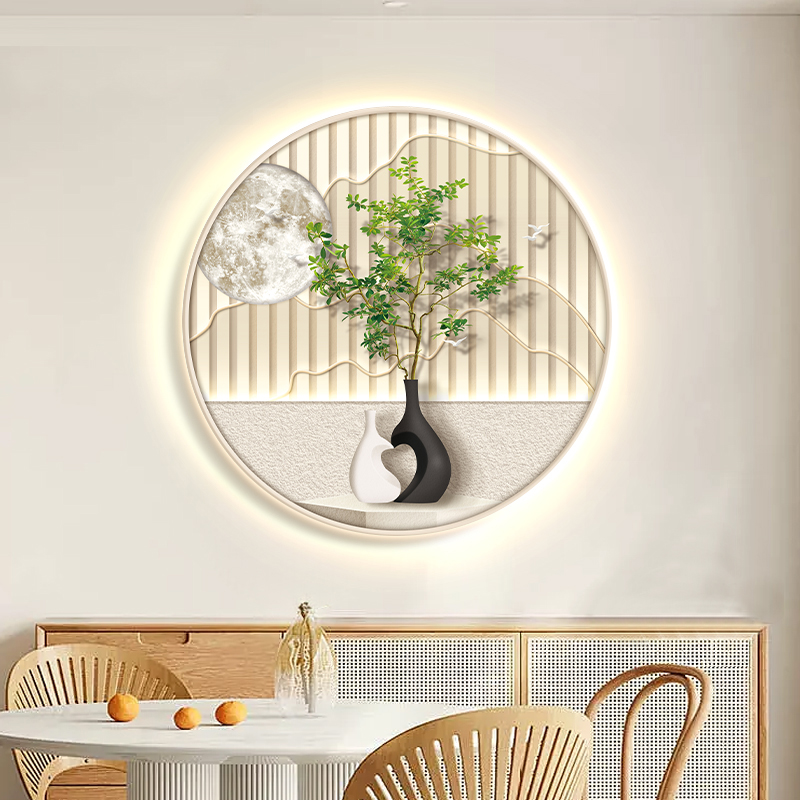 现代简约餐厅装饰画餐桌墙面绿植挂画玄关走廊圆形灯画发光墙壁画图片