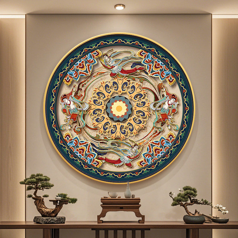 莲花飞天藻井玄关装饰画敦煌莫高窟圆形壁画中国风入户门带灯挂画