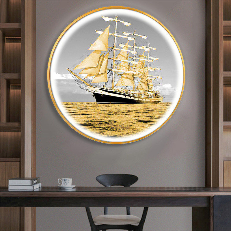 LED灯一帆风顺玄关新中式装饰画现代轻奢走廊过道背景墙圆形挂画,家居饰品,现代装饰画,淘宝优惠券,粉丝福利购,淘宝优惠卷