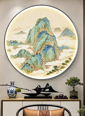 中古风圆形山水玄关壁画