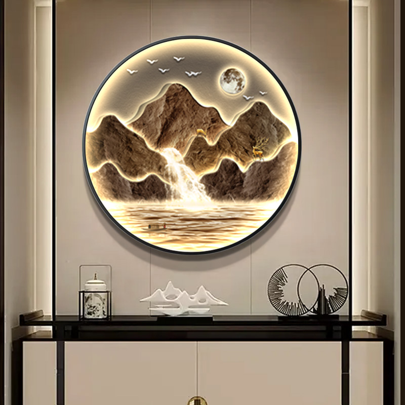 新中式流水生财玄关装饰画入户正对门圆形发光壁画茶室背景墙挂画图片