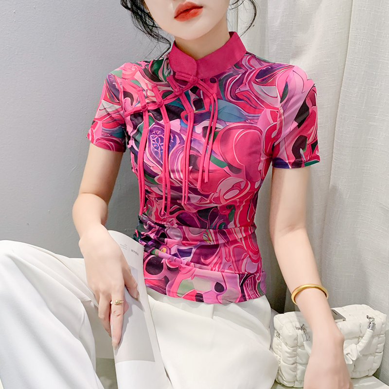 新中式盘扣立领短袖印花T恤女