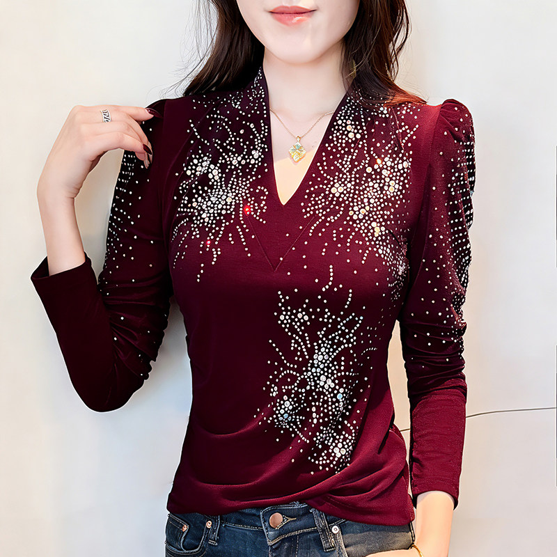 2026春季红色气质V领轻奢金丝绒闪亮镶钻长袖T恤女百搭显瘦上衣