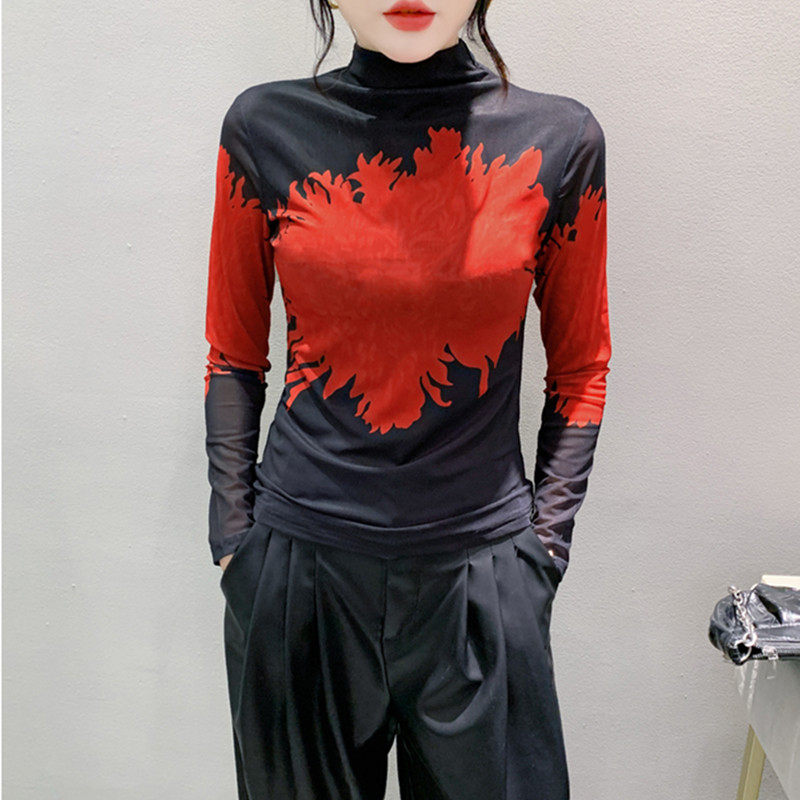 2023秋冬半高领网纱打底衫拼色印花长袖T恤女修身显瘦百搭上衣潮
