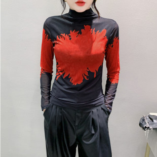 显瘦百搭上衣潮 T恤女修身 2023秋冬半高领网纱打底衫 拼色印花长袖