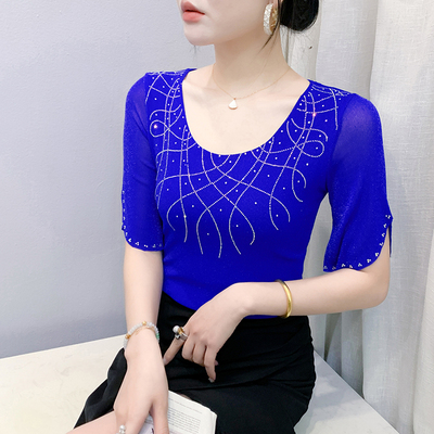 别致圆领镶钻网纱短袖T恤女