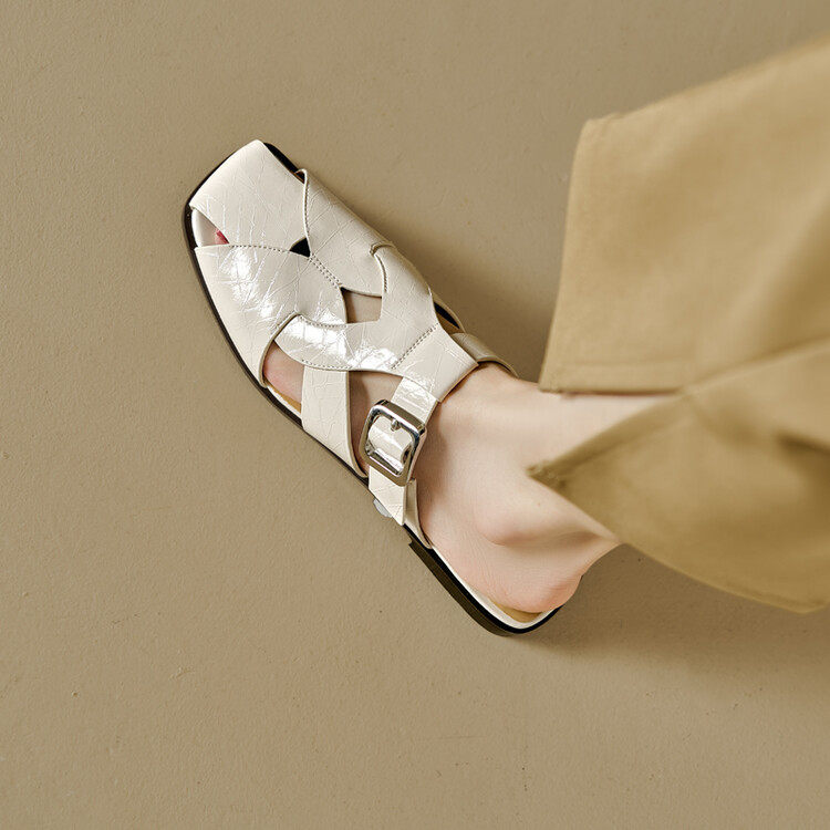 镂空包头半拖鞋女2024新款夏季外穿时尚真皮平底凉拖罗马凉鞋白色,女鞋,马丁靴,淘宝优惠券,粉丝福利购,淘宝优惠卷