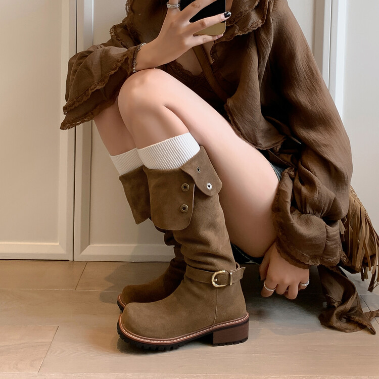 美拉德女靴子复古西部牛仔靴高筒骑士靴2024新款秋冬长筒靴中筒靴
