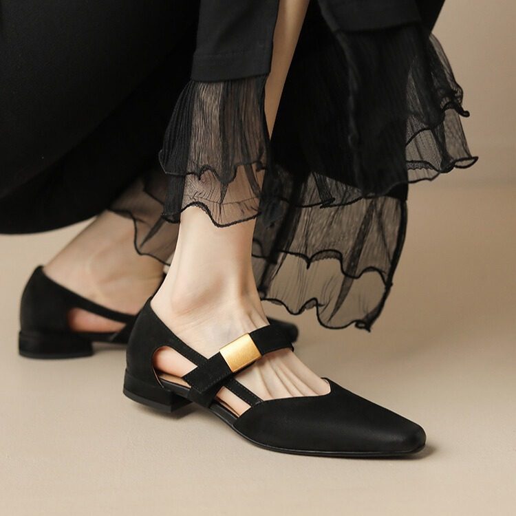 复古尖头浅口玛丽珍鞋金属扣镂空一字带平底凉鞋女夏法式包头单鞋,女鞋,马丁靴,淘宝优惠券,粉丝福利购,淘宝优惠卷