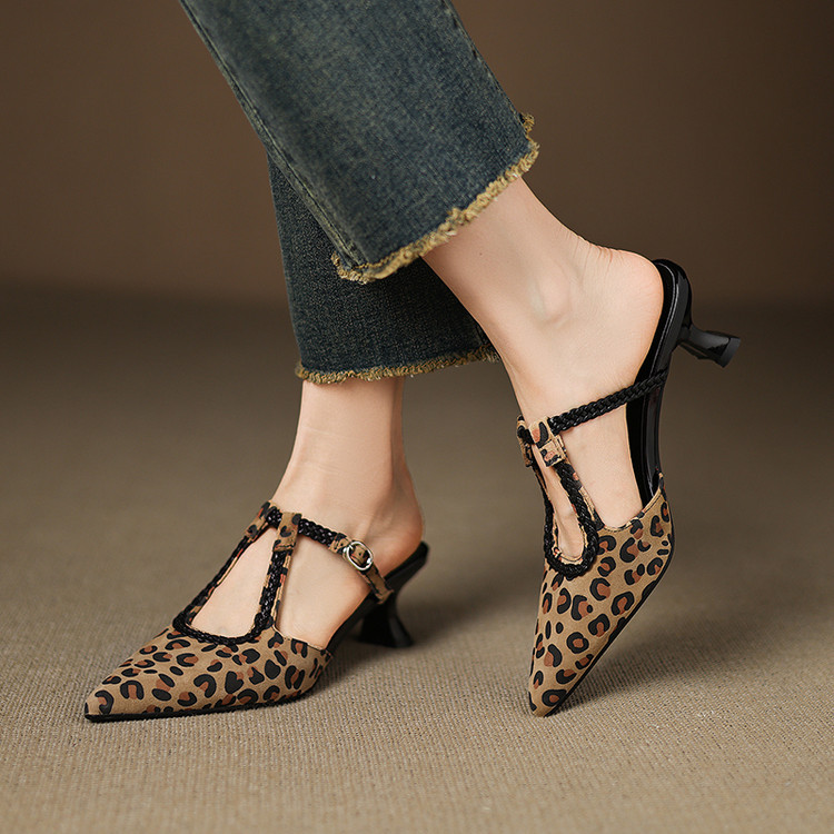 法式尖头包头半拖鞋女2025新款真皮豹纹编细跟高跟鞋外穿凉拖鞋女