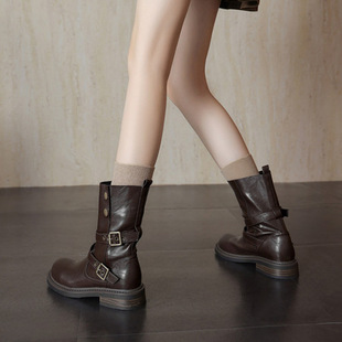 英伦复古超软粗中跟皮带扣两穿骑士靴子秋冬大码 帅气短靴女41