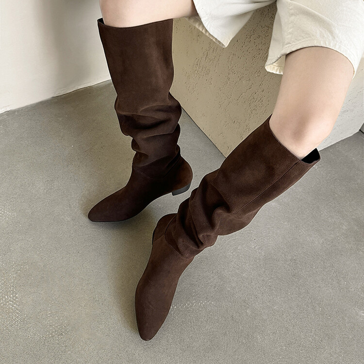 巨好看~手工真皮牛翻皮长靴女不过膝高筒靴骑士靴堆堆靴韩版百搭