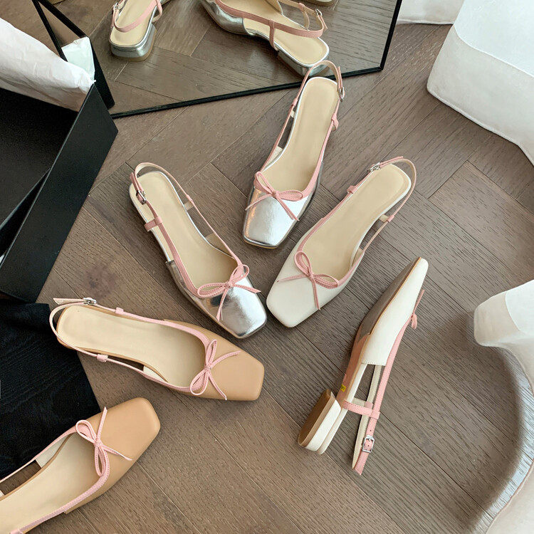 真皮法式蝴蝶结银色后空单鞋仙女风温柔配裙子平底半包头凉鞋女夏,居家布艺,居家婚庆拖鞋,淘宝优惠券,粉丝福利购,淘宝优惠卷