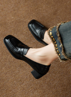 4.5cm时光荏苒新款软底真皮单鞋女粗跟小皮鞋一脚蹬英伦风乐福鞋