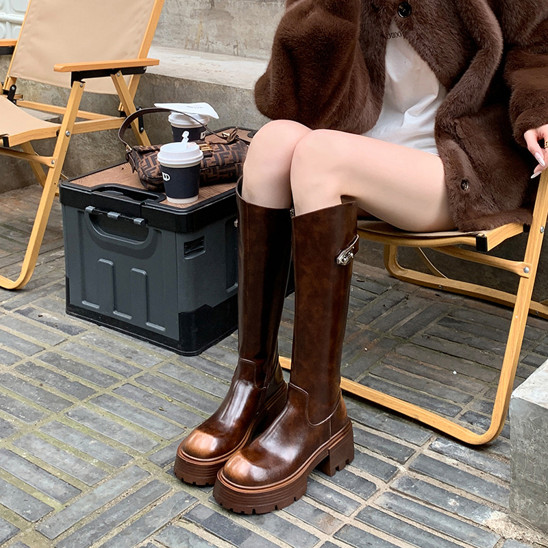 6CM厚底金属扣斜口骑士靴圆头粗跟长靴四季可穿松糕底高筒靴百搭