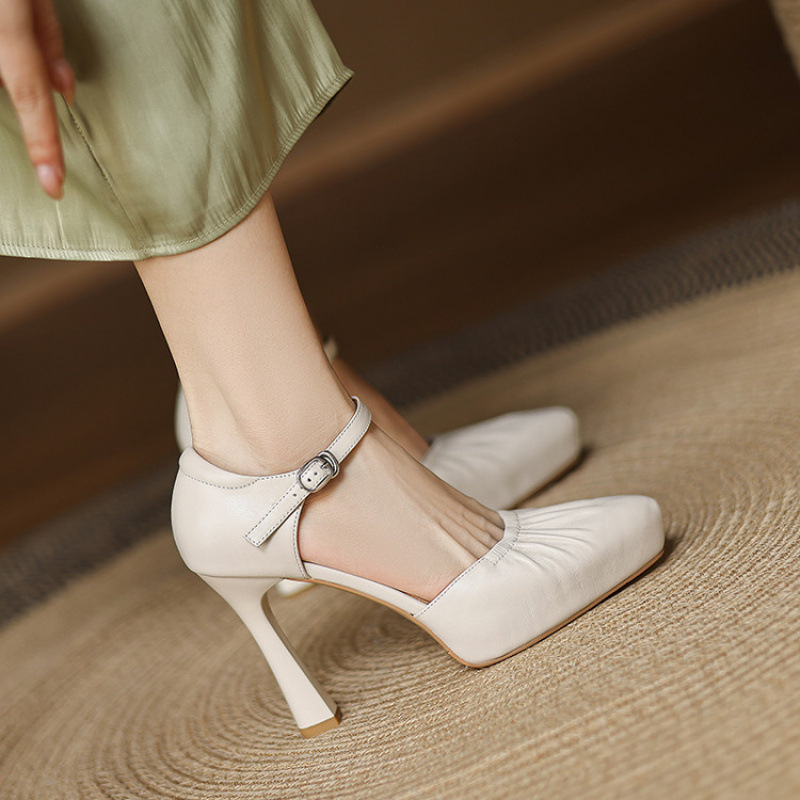 10cm真皮细跟包头凉鞋女褶皱尖头防水台高跟鞋2025夏季新款工作鞋