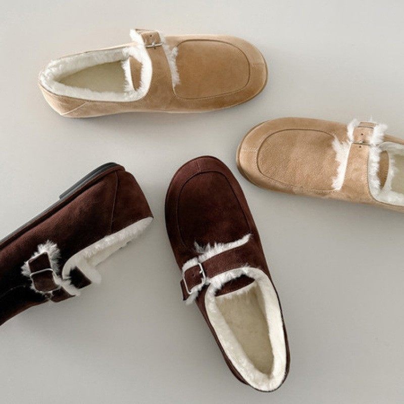 复古反绒皮毛勃肯鞋女双扣带平底乐福鞋配裙子单鞋舒适一脚蹬加绒