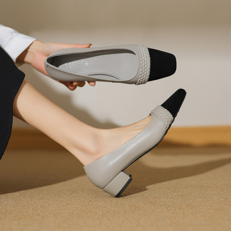 法式复古编织拼色浅口单鞋女真皮小香风中跟四季鞋粗跟方头小皮鞋