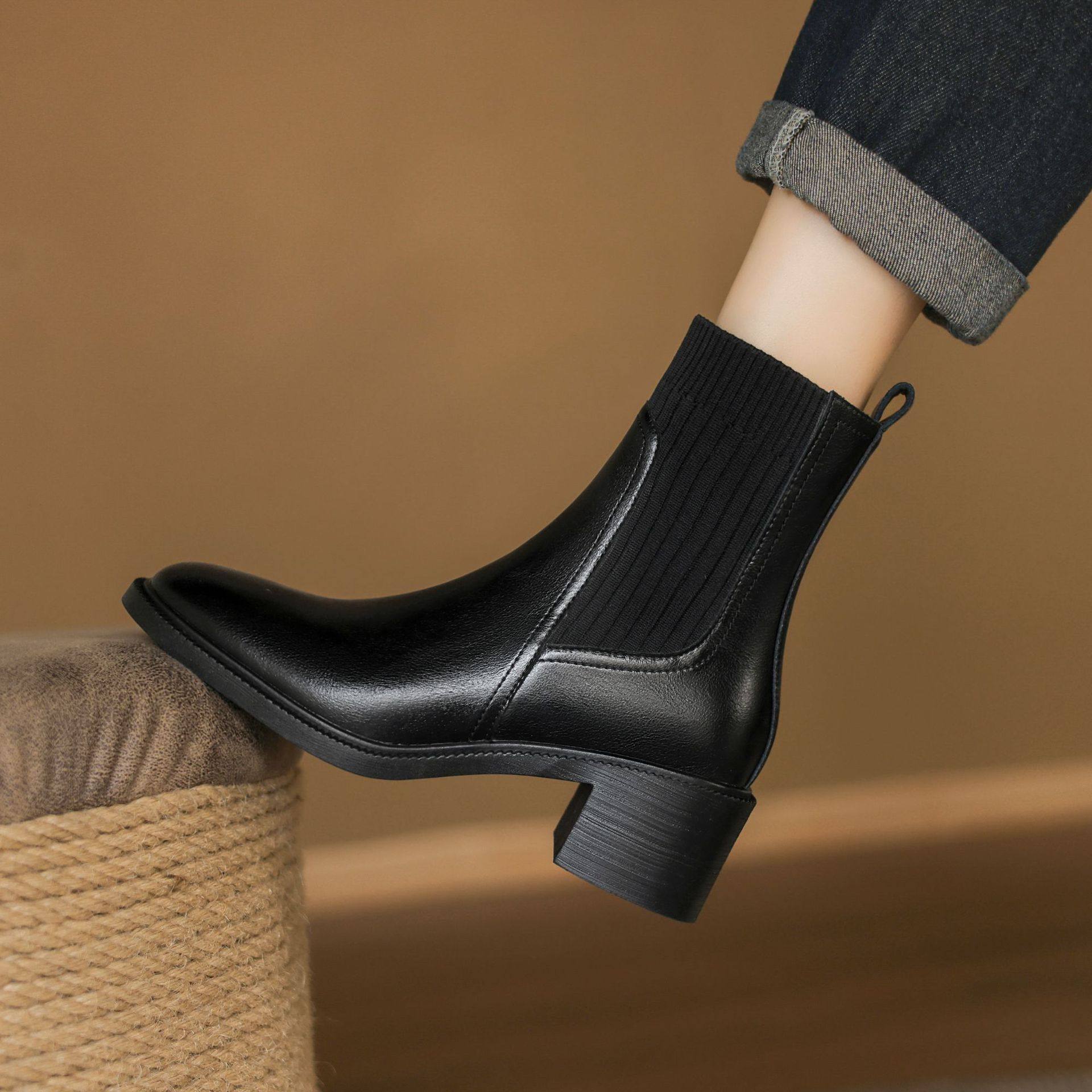 英伦风真皮针织口短靴女秋冬季新款真皮加绒百搭中跟粗跟马丁靴子,居家布艺,居家婚庆拖鞋,淘宝优惠券,粉丝福利购,淘宝优惠卷