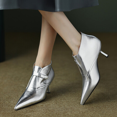 银色细高跟时装裸靴女秋新款尖头骑士靴低筒短靴子V口单靴马丁靴
