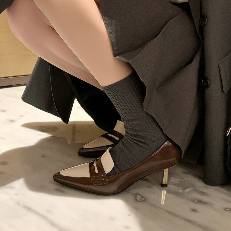 棕色牛皮法式复古拼色尖头金币单鞋女气质细跟高跟鞋玛丽珍小皮鞋