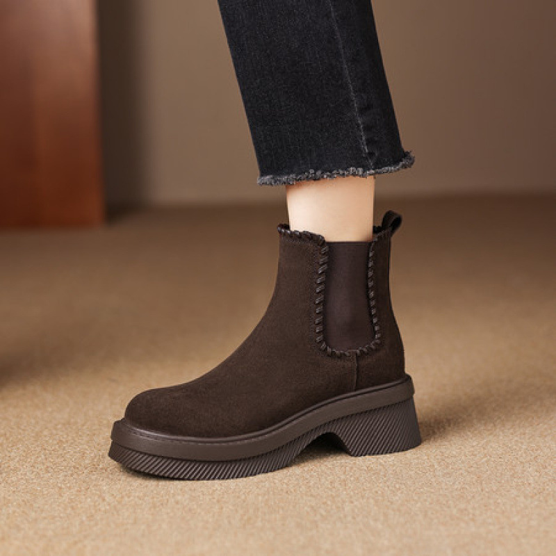 6cm磨砂皮加厚羊毛切尔西靴女冬粗跟厚底短靴保暖显瘦大棉马丁靴