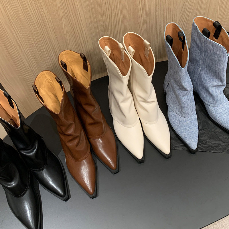 牛皮纯色裤管靴女中筒靴 秋冬新款尖头粗跟中跟套脚女V口中筒靴子,户外/登山/野营/旅行用品,登山鞋/徒步鞋,淘宝优惠券,粉丝福利购,淘宝优惠卷