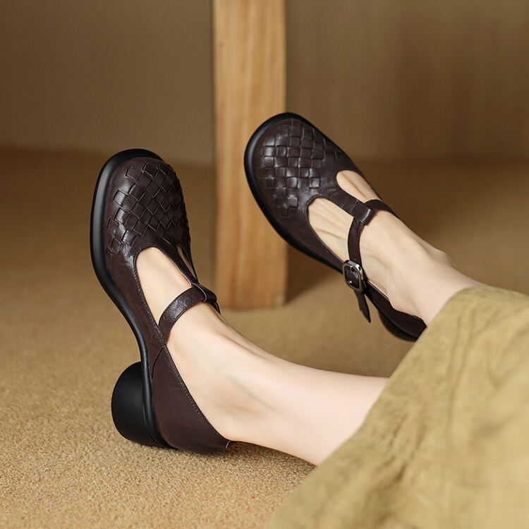 复古编织真皮方头粗跟单鞋女2024春秋新款T型带法式玛丽珍小皮鞋~