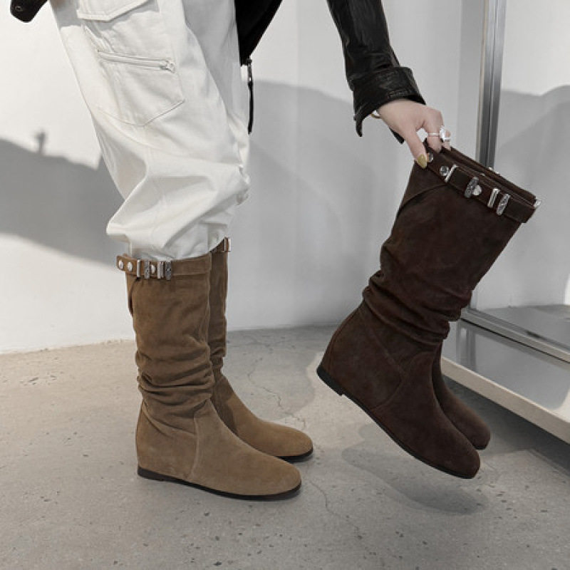 牛皮版~秋冬氛围感绒面宽筒西部牛仔靴女皮带扣平底褶皱堆堆靴子,居家布艺,居家婚庆拖鞋,淘宝优惠券,粉丝福利购,淘宝优惠卷