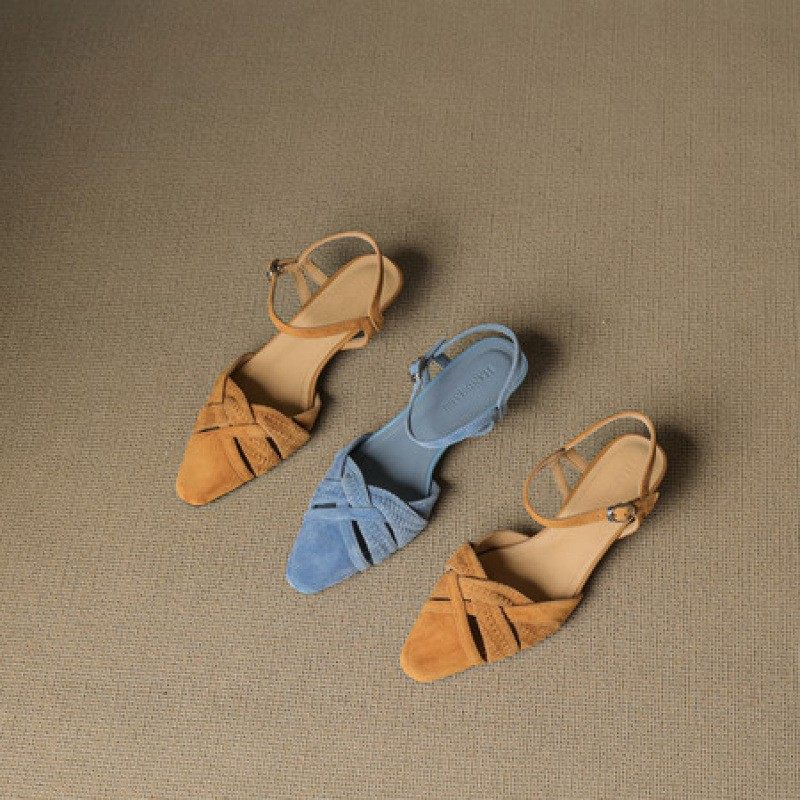 4.5cm细跟磨砂羊皮包头凉鞋女2025夏季新款真皮镂空编织罗马凉鞋