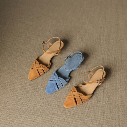 4.5cm细跟磨砂羊皮包头凉鞋女2025夏季新款真皮镂空编织罗马凉鞋