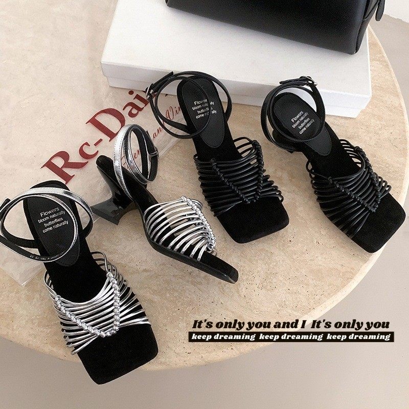 4.5cm真皮编织细带粗跟方头露趾凉鞋女夏2025新款时尚高跟罗马鞋